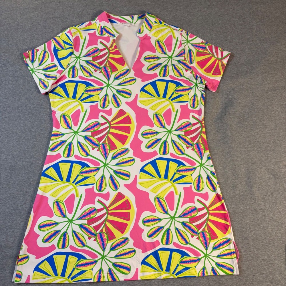 Mary Square Womens Tropical Floral Print‎ V-Neck Shift Dress Pink Yellow Large